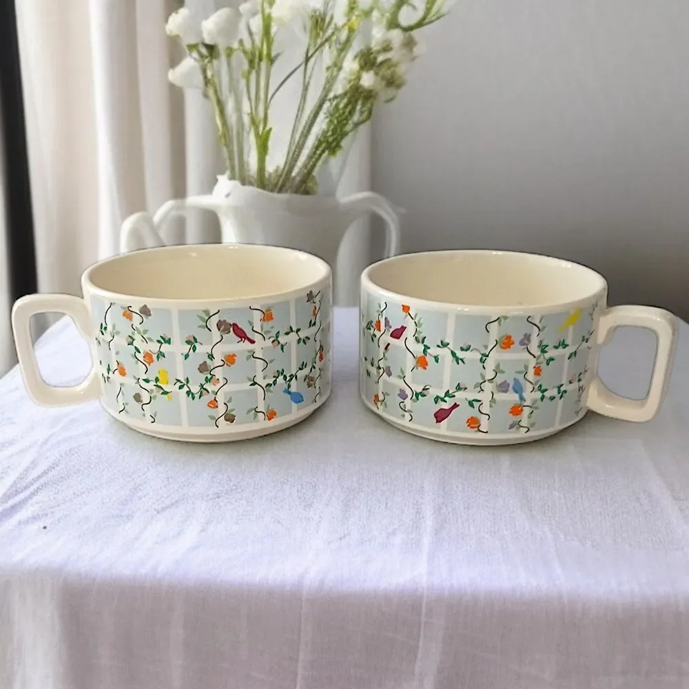 2 Vintage Soup Chili Mug Cup Ceramic Flowers Birds Pastel Pair Cottage 70s Retro